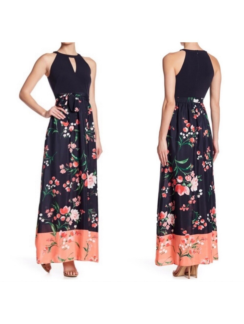 Vince Camuto Maxi Dress Womens Size 10 Navy Blue Tropical Floral Sleeveless